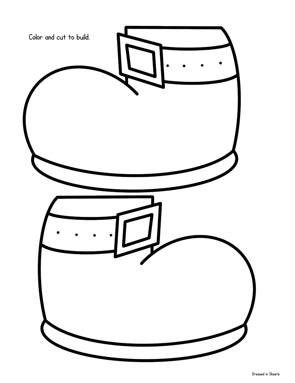 Pair of buckled leprechaun shoes facing opposite ways for students to color and cut out as the craft's final pieces