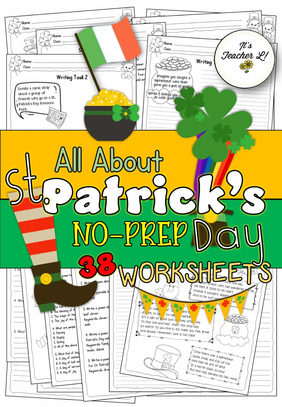 Cover of the St. Patrick’s Day worksheet packet advertising 38 no-prep worksheets and showing sample tasks