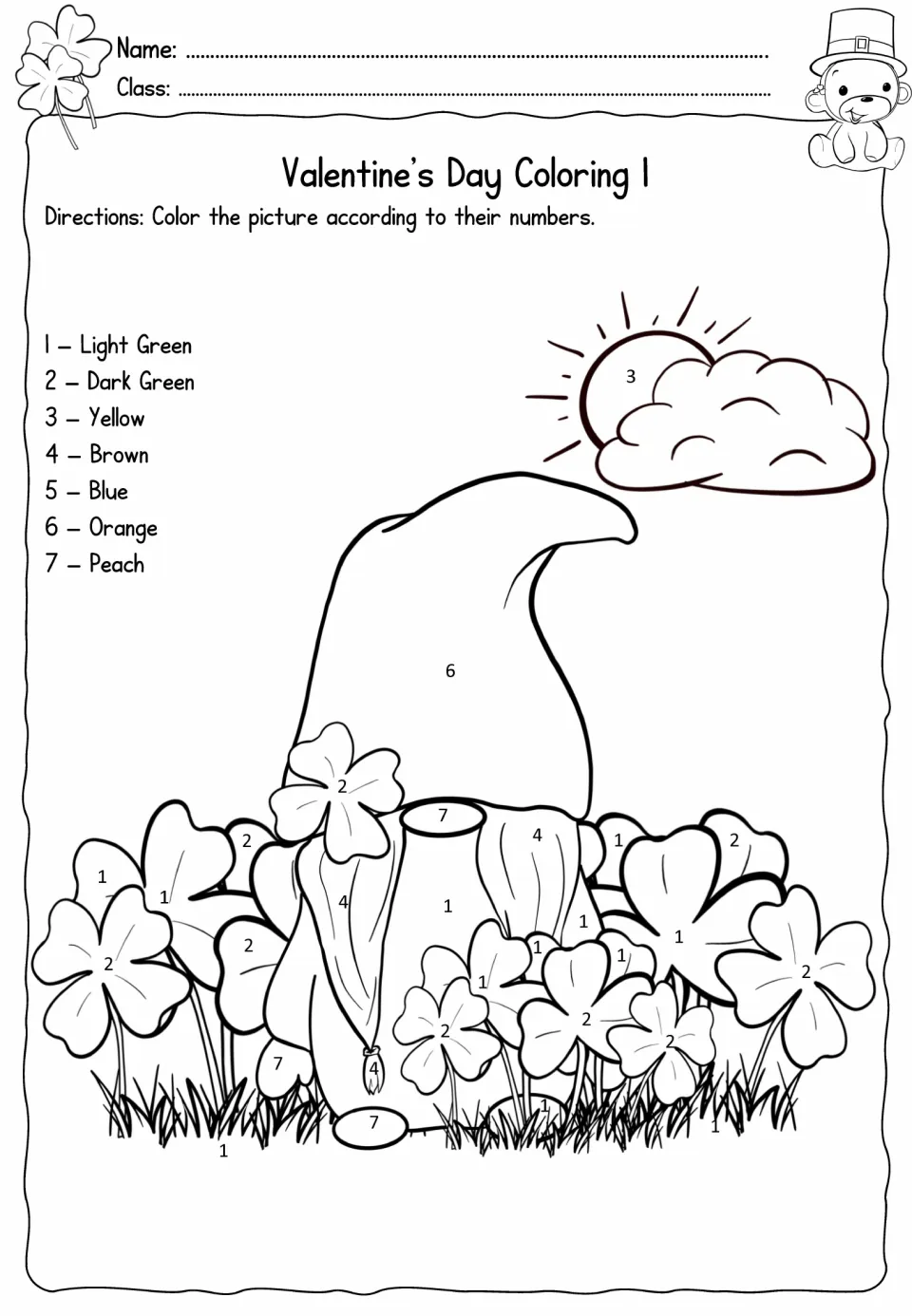 First coloring sheet in the holiday packet: color a gnome among clovers using seven numbered colors