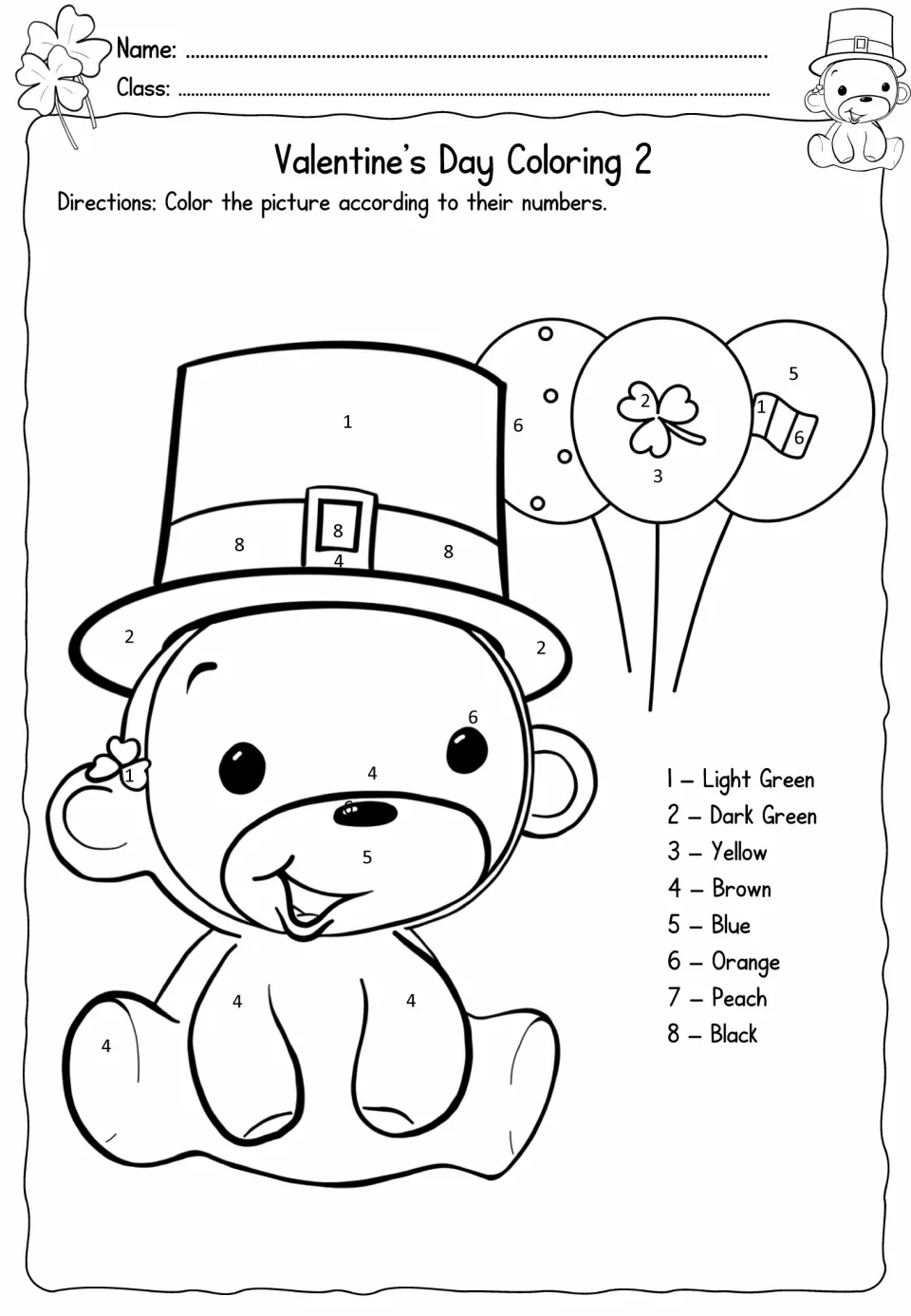 Second coloring sheet in the holiday packet: color a bear in a top hat and balloons using eight colors