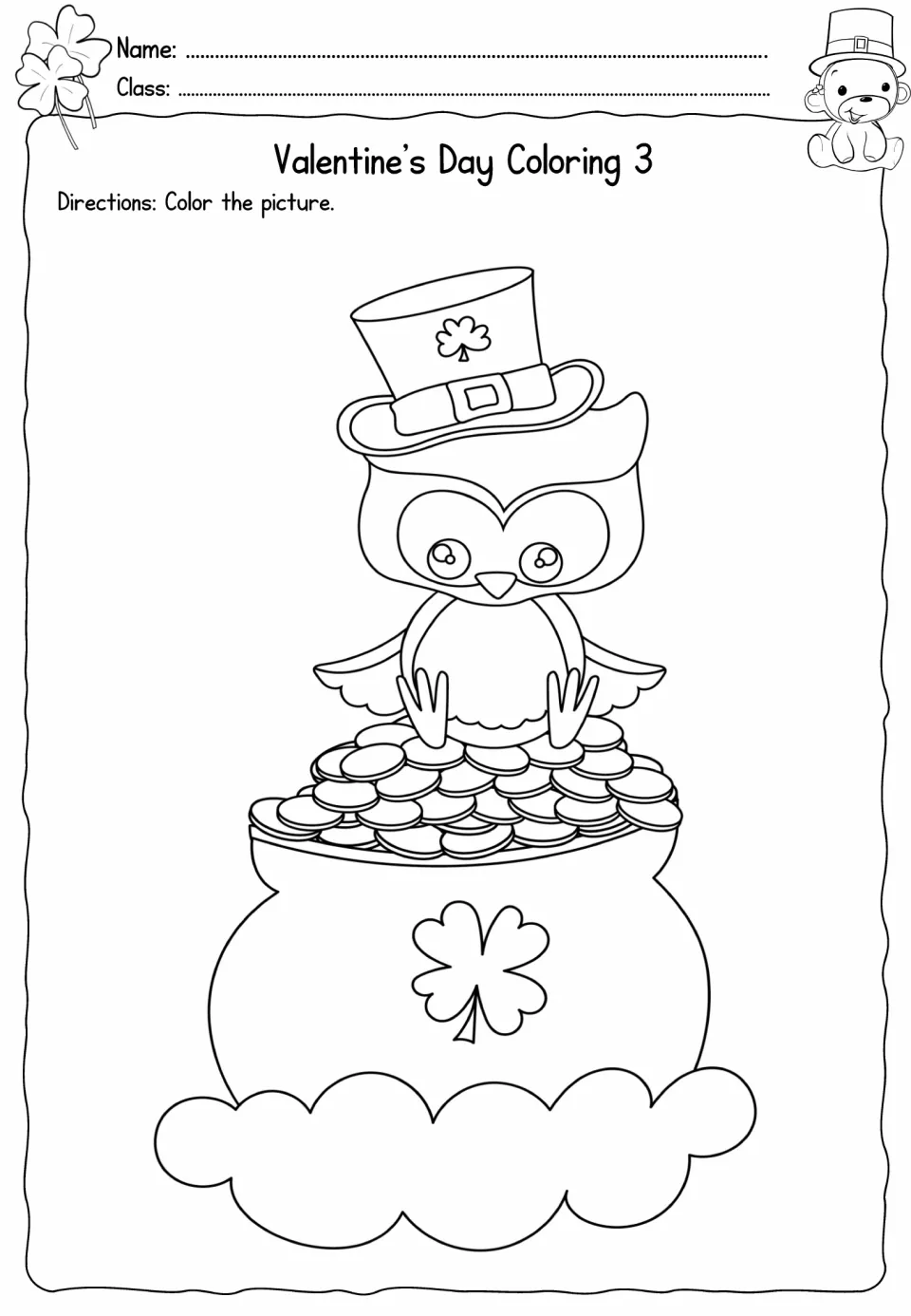 Third coloring sheet in the holiday packet: an owl wearing a shamrock top hat sits on a pot of gold