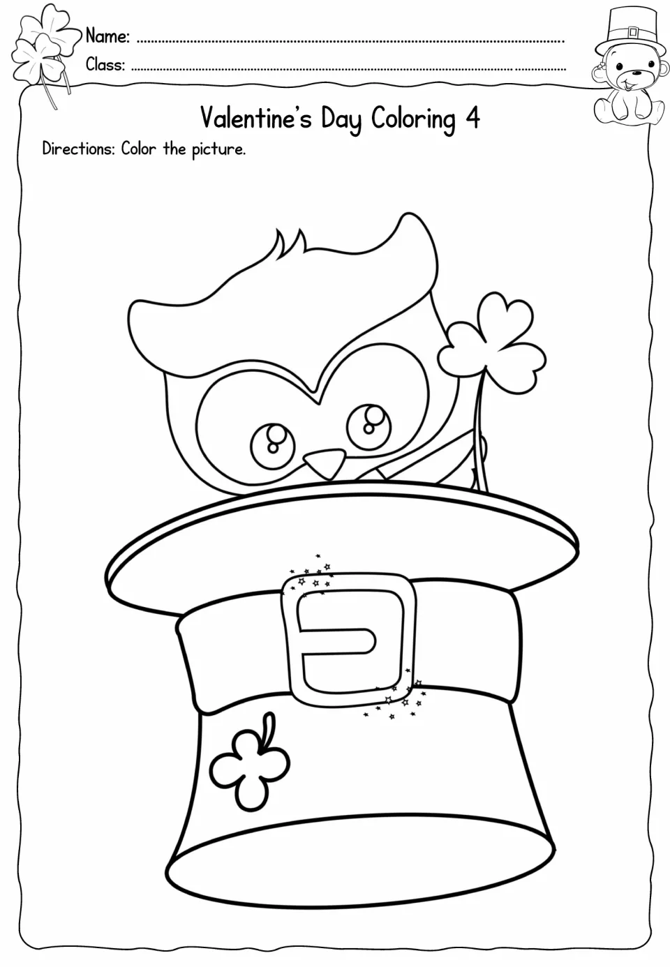 Fourth coloring sheet in the holiday packet: an owl holds a shamrock while peeking out of a large top hat