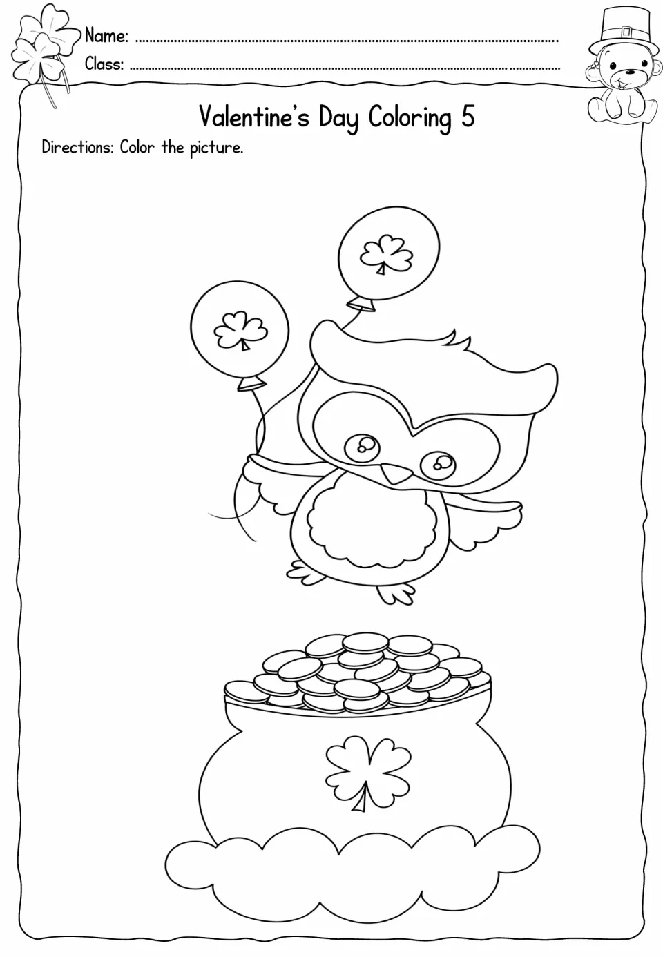 Fifth coloring sheet in the holiday packet: an owl holds two shamrock balloons above a pot of gold
