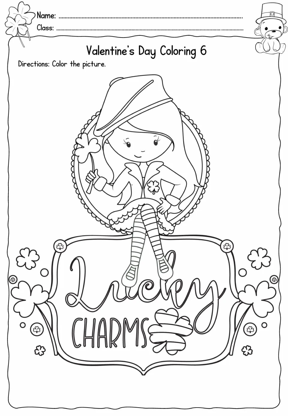 Sixth coloring sheet in the holiday packet: a girl holding a clover sits above the words “Lucky Charms”