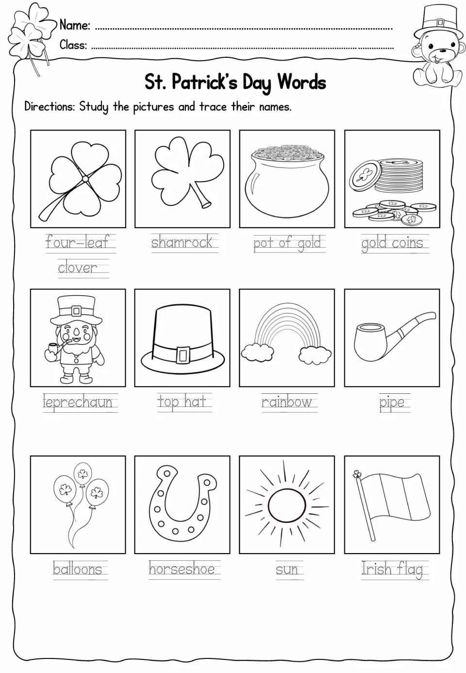 Holiday vocabulary tracing sheet: 12 pictured terms including four-leaf clover, shamrock, and pot of gold