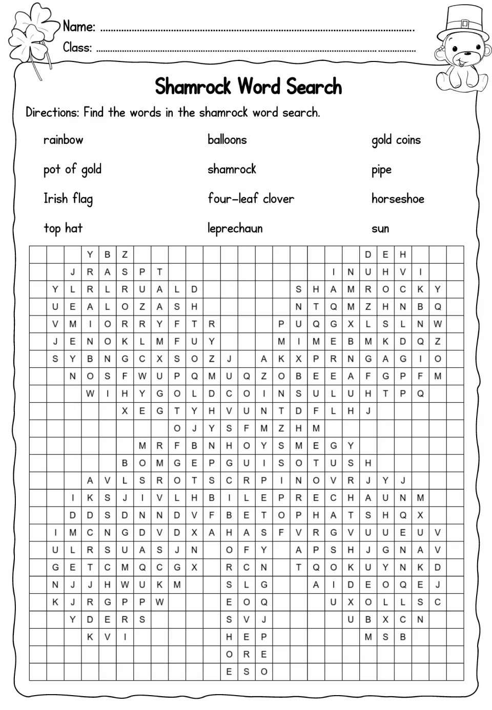 Shamrock word search in the holiday packet: find 12 terms including rainbow, Irish flag, and leprechaun