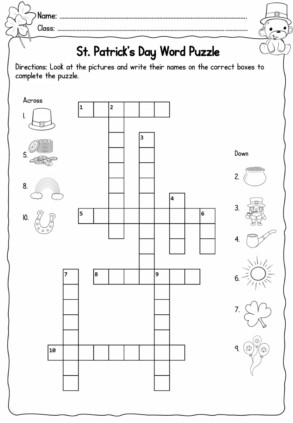 Holiday crossword sheet: use 10 picture clues to write words including top hat, gold coins, and rainbow