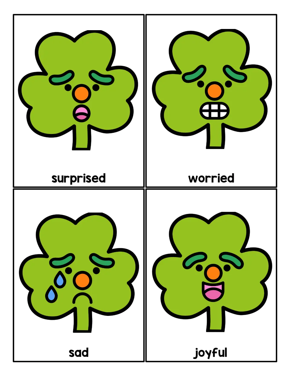Clover emotion cards 1–4 show surprised, worried, sad, and joyful faces to recreate on a playdough mat.