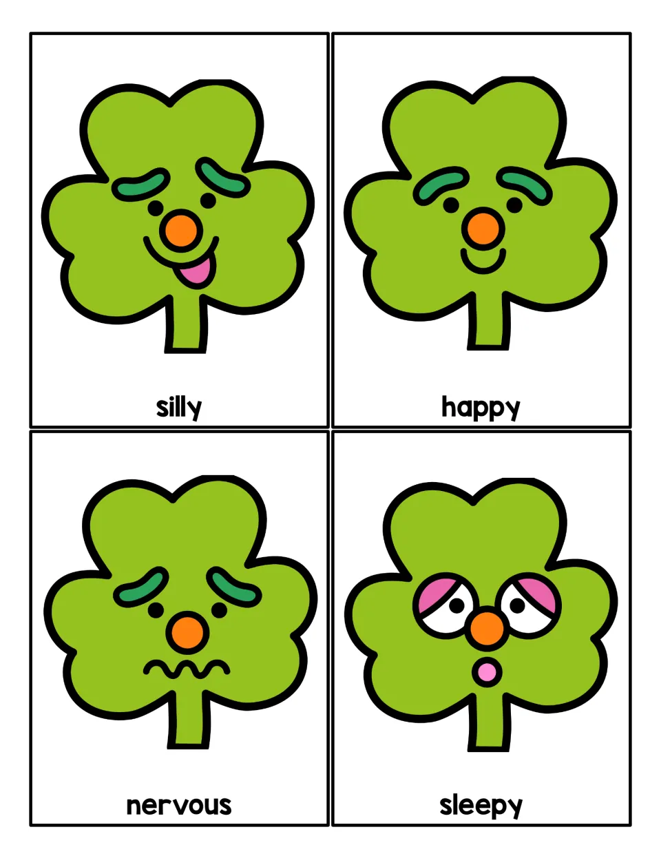 Clover emotion cards 5–8 show silly, happy, nervous, and sleepy faces to recreate on a playdough mat.