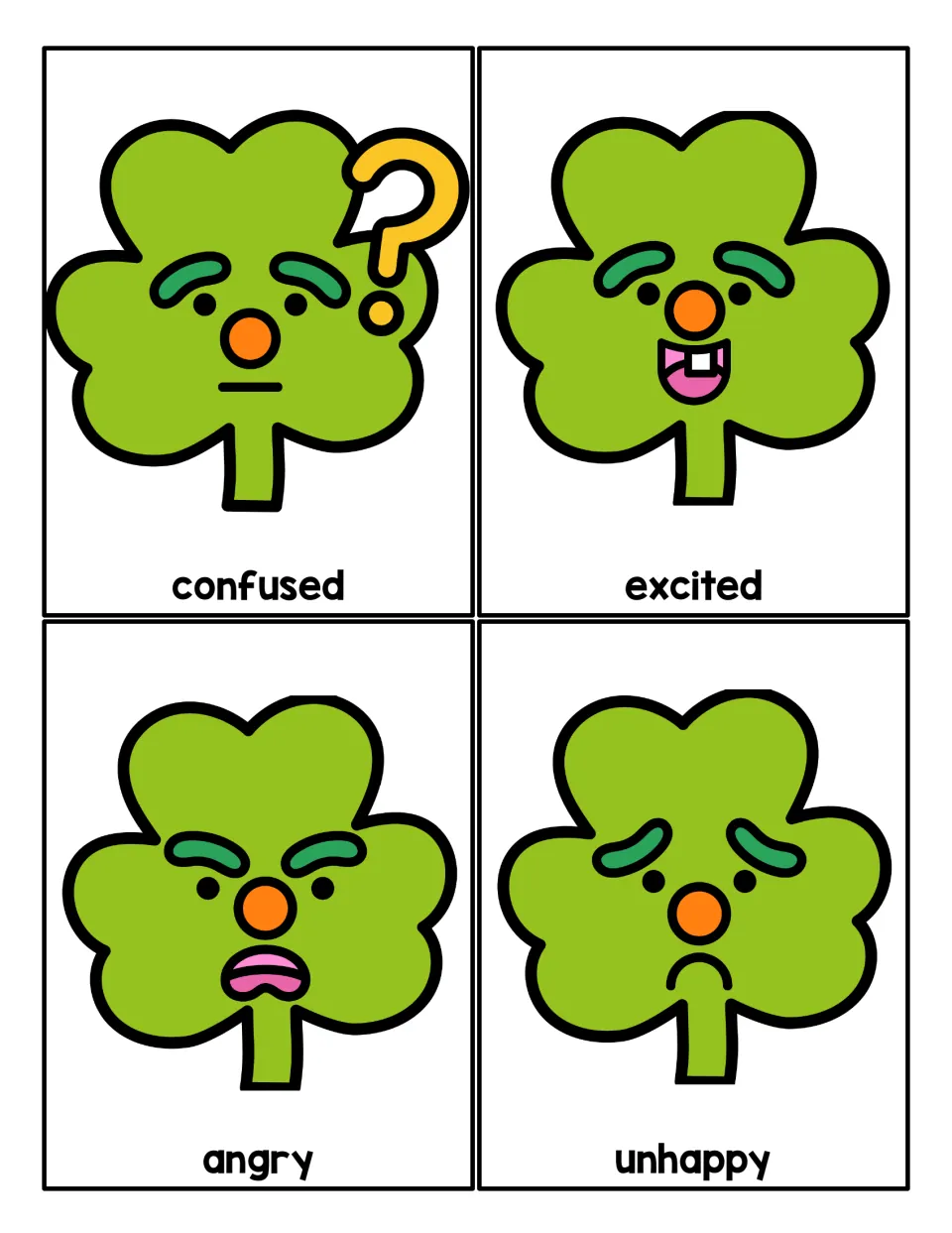 Clover emotion cards 9–12 show confused, excited, angry, and unhappy faces to recreate with playdough.