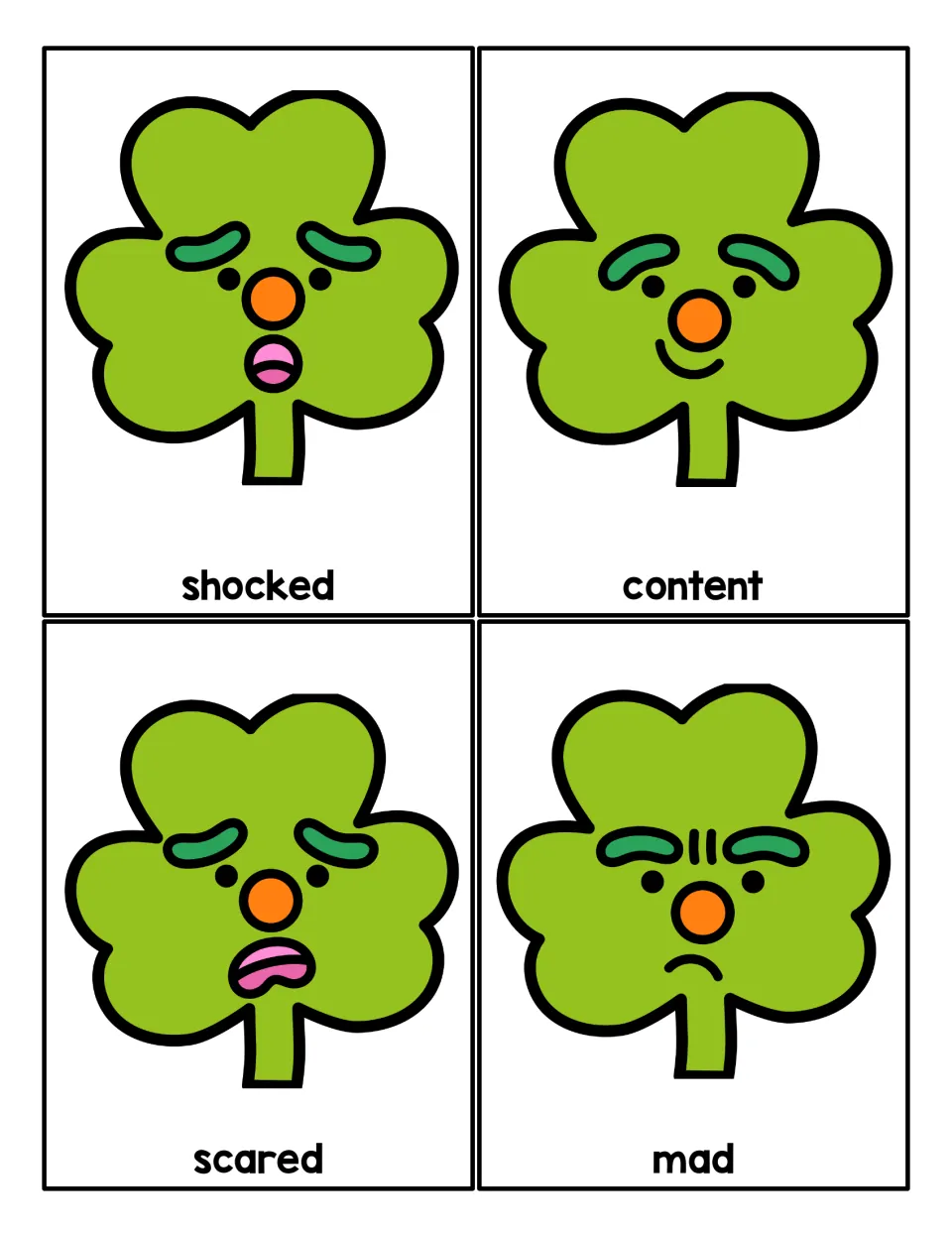 Clover emotion cards 13–16 show shocked, content, scared, and mad faces to recreate on a playdough mat.