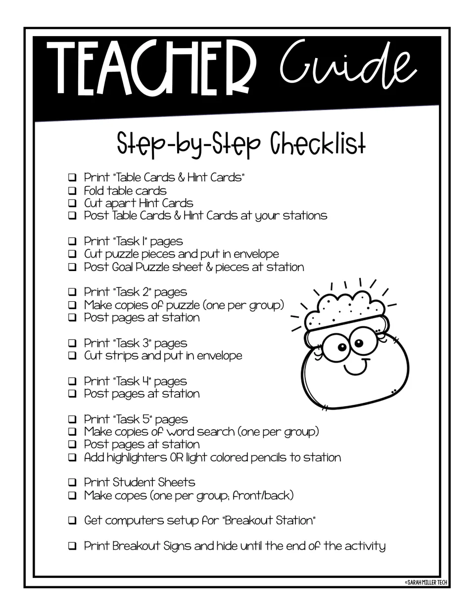 Teacher guide step-by-step checklist for printing, cutting and posting table cards, hint cards and Task 1-5 station pages