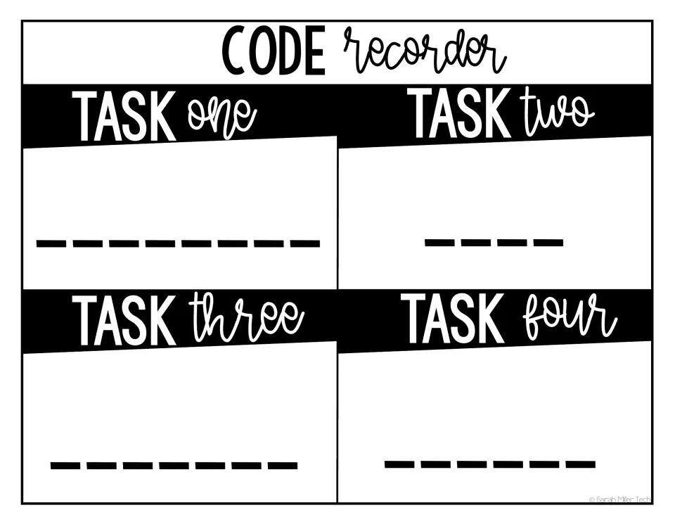 Code recorder sheet where student groups write the codes they solve for Task one, Task two, Task three and Task four