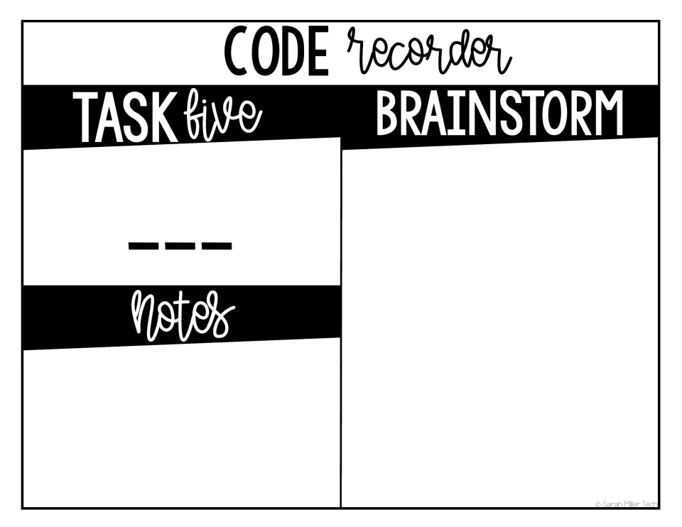 Code recorder back side: a blank for the Task five code, a Notes space and a Brainstorm space for working out clues
