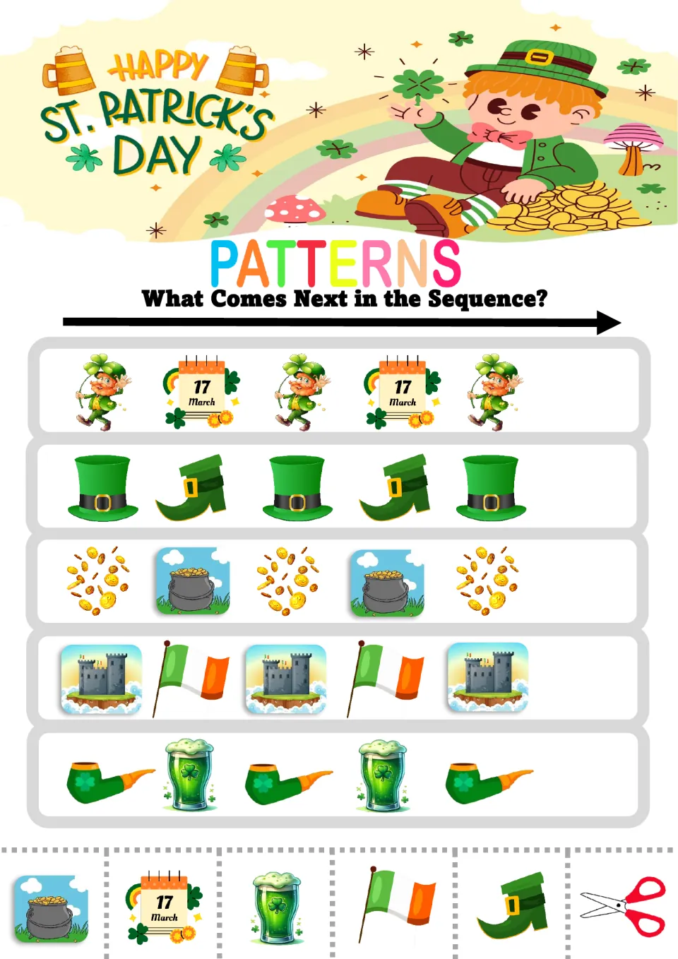 Pattern practice sheet 1: five AB sequences using leprechauns, March 17 calendars, hats, boots, and more