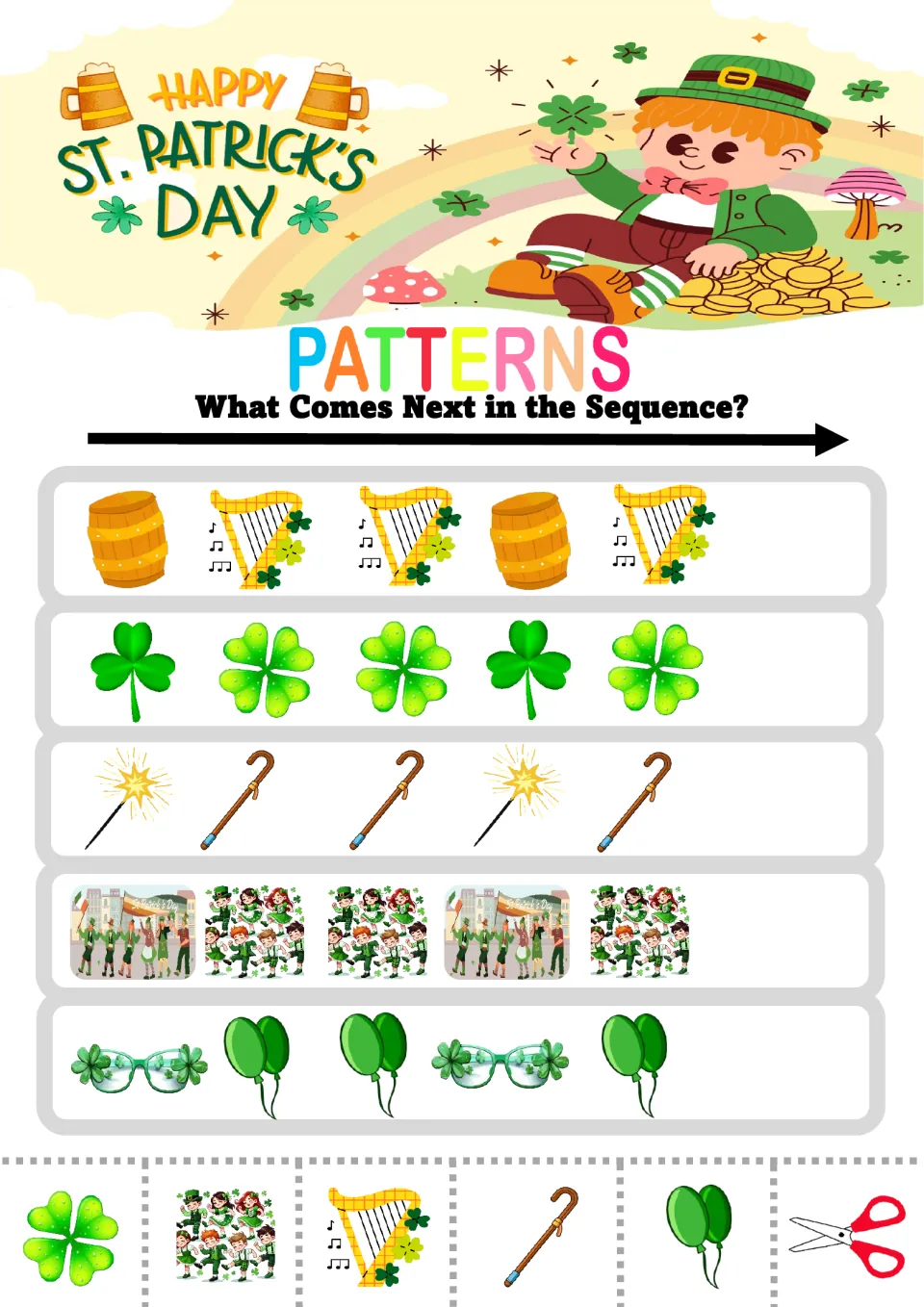 Pattern practice sheet 2: five ABB sequences using barrels, harps, clovers, wands, canes, and more