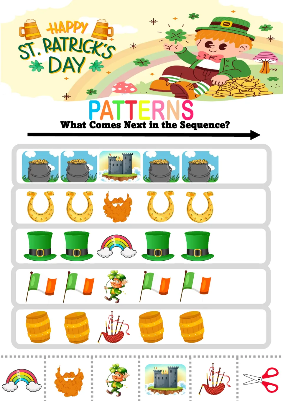 Pattern practice sheet 3: five AAB sequences using pots of gold, castles, horseshoes, beards, and more