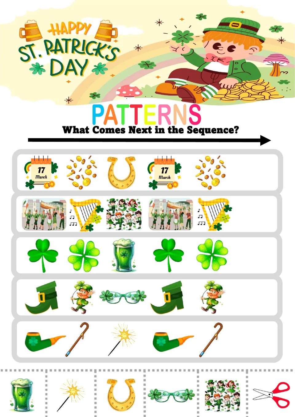 Pattern practice sheet 4: five ABC sequences using March 17 calendars, coins, horseshoes, and more