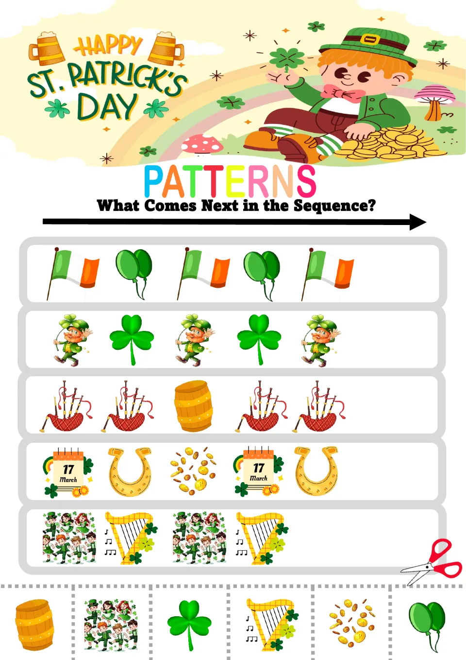 Pattern practice sheet 5: five mixed sequences using flags, balloons, bagpipes, barrels, and dancers