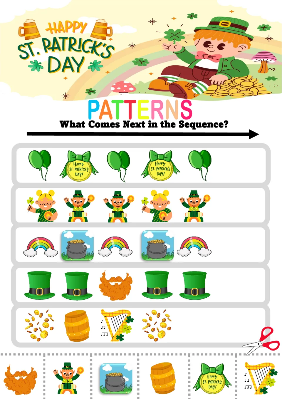 Pattern practice sheet 6: five mixed sequences using balloons, medals, rainbows, pots of gold, and hats