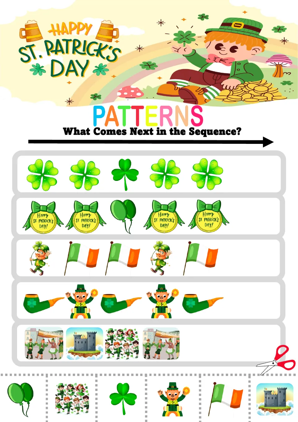 Pattern practice sheet 7: five mixed sequences using clovers, medals, balloons, leprechauns, and flags