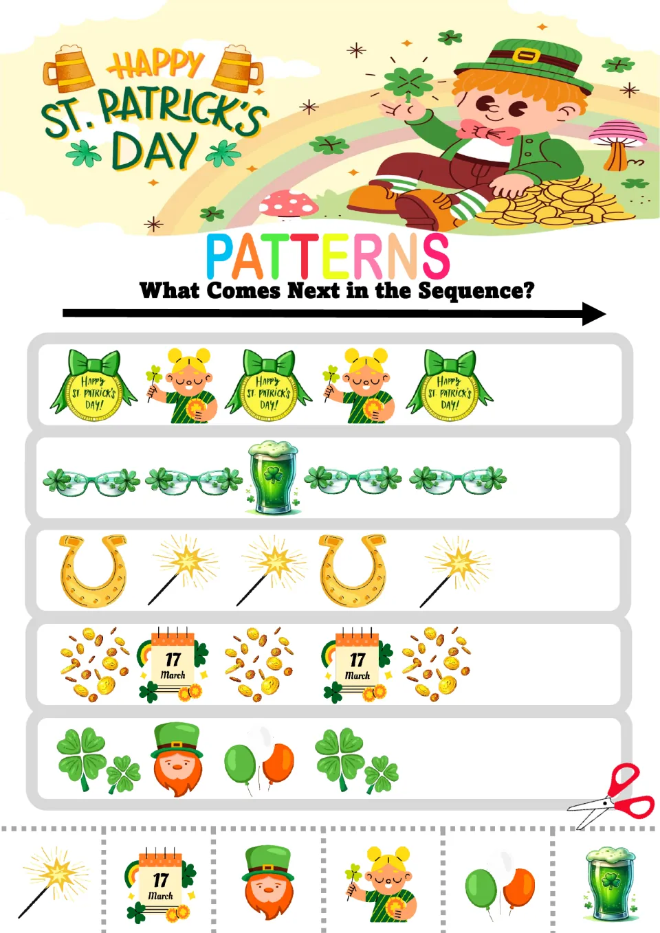 Pattern practice sheet 8: five mixed sequences using medals, children, glasses, horseshoes, and coins