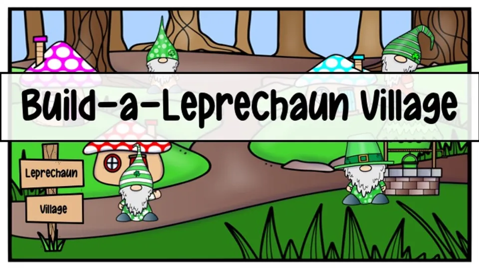 Cover of the interactive music game, titled “Build-a-Leprechaun Village,” showing the village to build