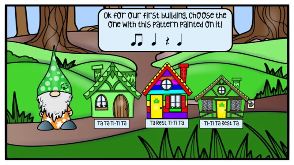First building challenge: match the rhythm ti-ti, ta, rest, ta to one of three labeled houses