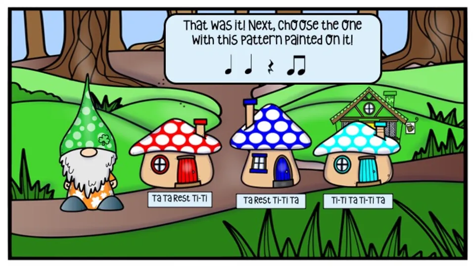 Second building challenge: match ta, ta, rest, ti-ti to one of three mushroom houses labeled with rhythms