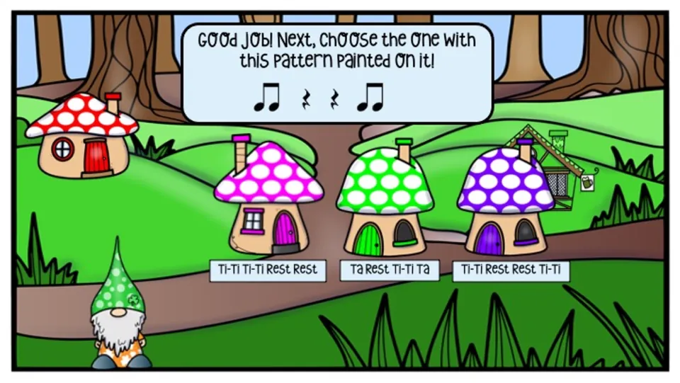 Third building challenge: match ti-ti, rest, rest, ti-ti to one of three mushroom houses with rhythm labels