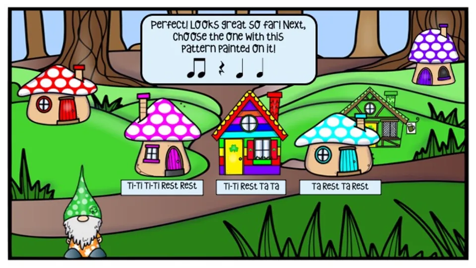 Fourth building challenge: match ti-ti, rest, ta, ta to a pink mushroom, rainbow house, or cyan mushroom