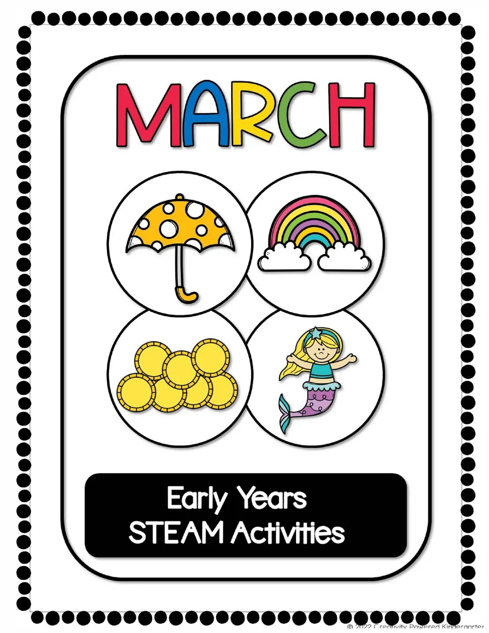 March Early Years STEAM Activities cover showing an umbrella, a rainbow, gold coins and a mermaid clip art