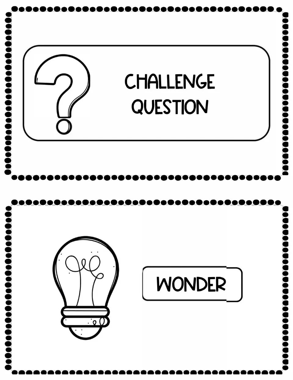 Design process step cards: Challenge Question card with a question mark and Wonder card with a lightbulb