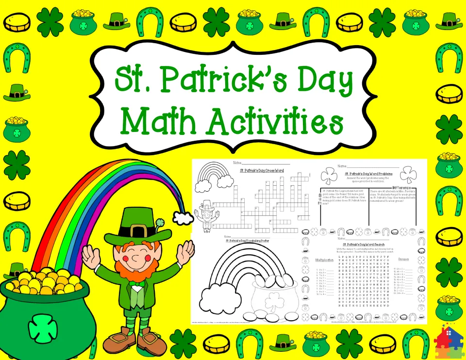 St. Patrick's Day Math Activities cover previewing a crossword, word problems, word search and a rainbow vocabulary poster