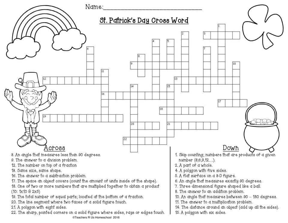 Math vocabulary crossword: students solve 22 clues on angles, fractions, polygons, solid figures and operation answers