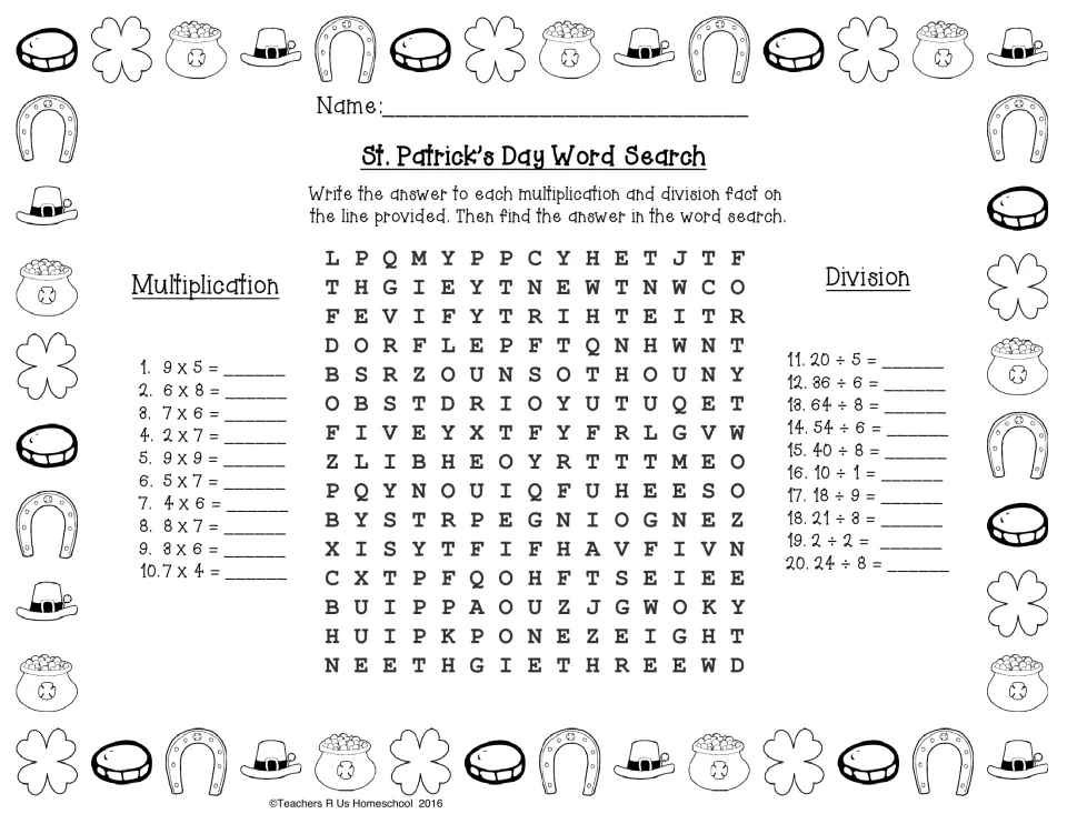 Math facts word search: students solve 10 multiplication and 10 division facts, then find each number word in the puzzle