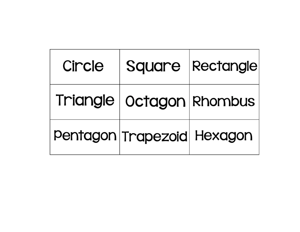 Shape name cards: circle, square, rectangle, triangle, octagon, rhombus, pentagon, trapezoid and hexagon labels