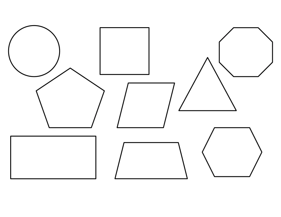 Plane shape outlines: circle, square, octagon, pentagon, rhombus, triangle, rectangle, trapezoid and hexagon to identify
