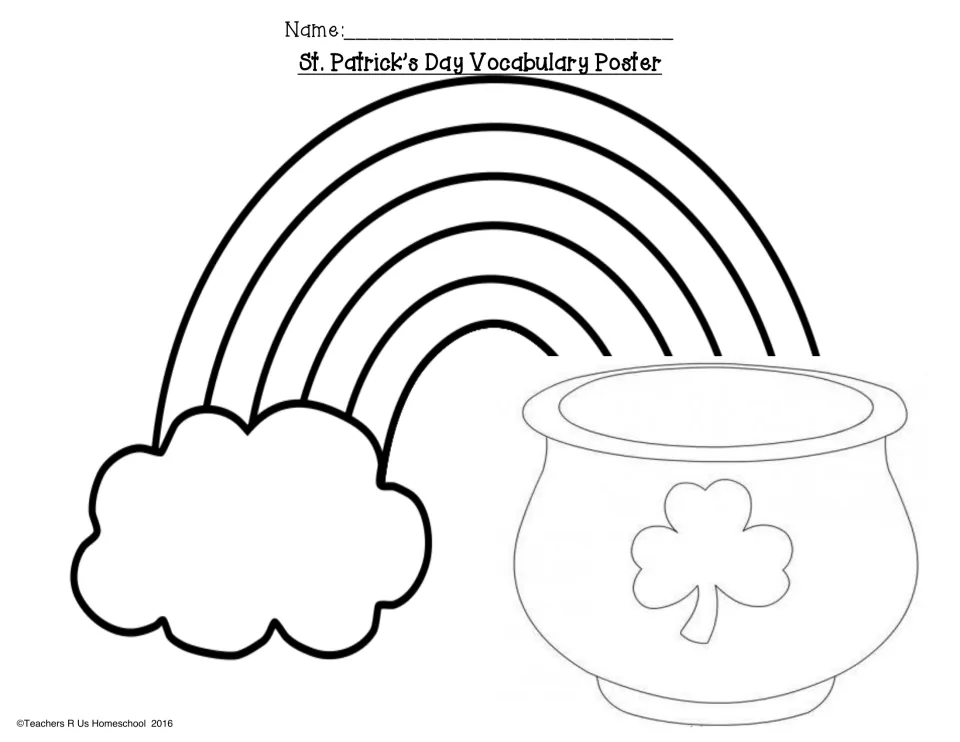 Vocabulary poster template: rainbow, cloud and shamrock pot for students to color and fill with descriptions of a number