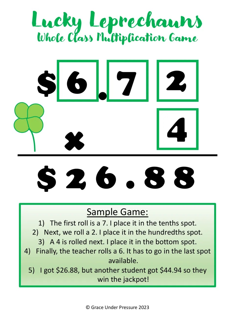Sample game for multiplying money: digits rolled in order build $6.72 x 4 = $26.88, which loses to another player's $44.94