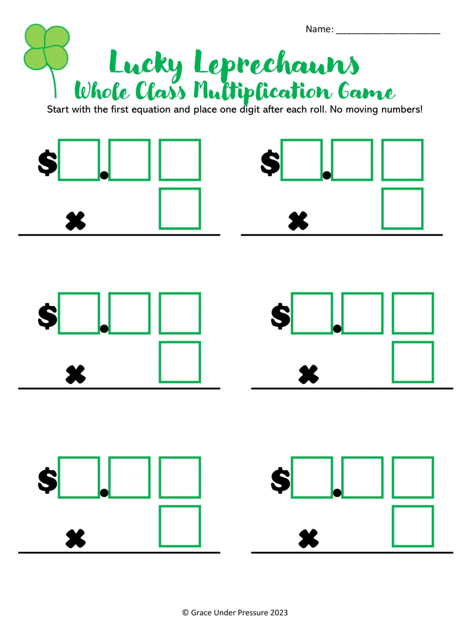 Student game board for multiplying dollars and cents by a one-digit number: six rounds, placing one rolled digit at a time
