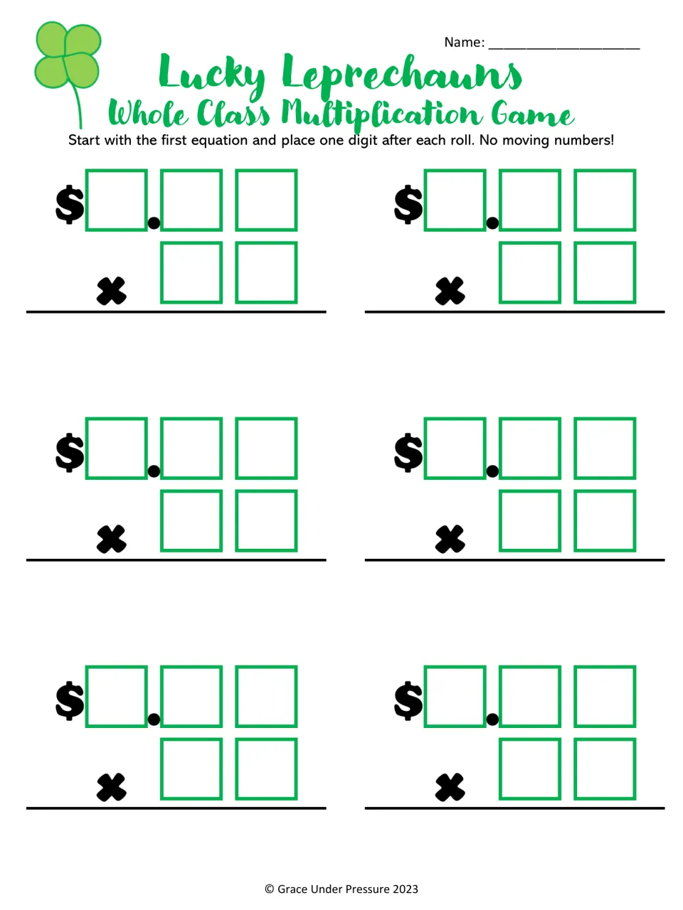 Student game board for multiplying dollars and cents by a two-digit number: six rounds, with five digits placed per round