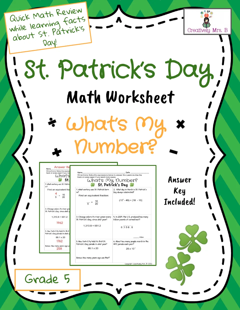 Cover of the grade 5 St. Patrick's Day math resource, featuring 'What's My Number?' and an answer key note