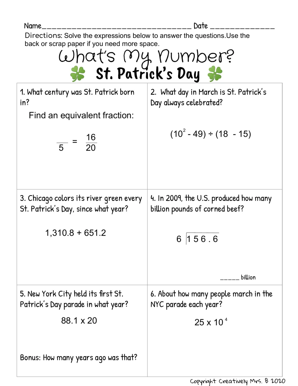 Math trivia worksheet: six St. Patrick's Day questions using fractions, decimals, and powers, plus a bonus
