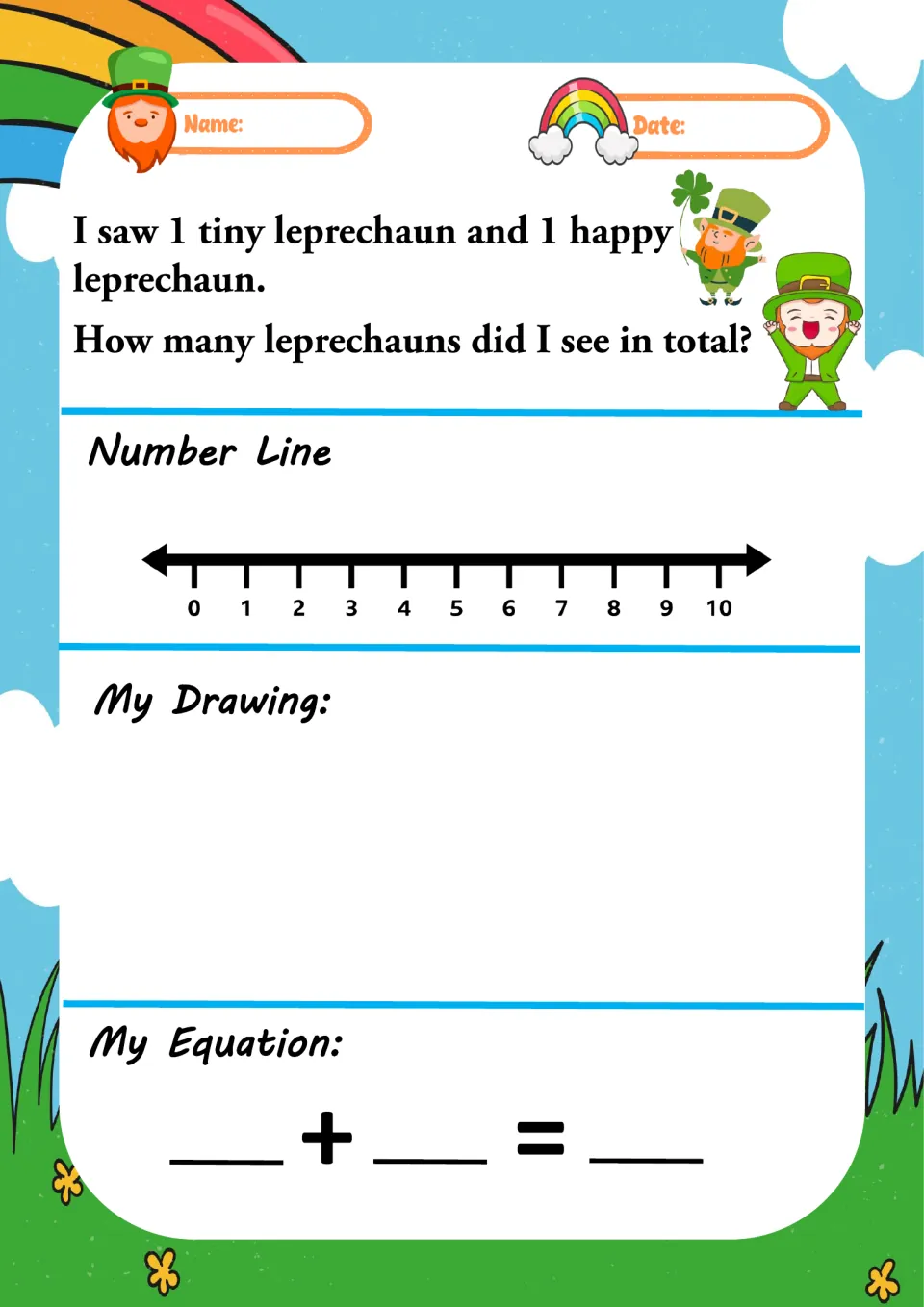 Leprechaun addition story: 1 tiny and 1 happy leprechaun; students find the total with a number line, sketch and equation