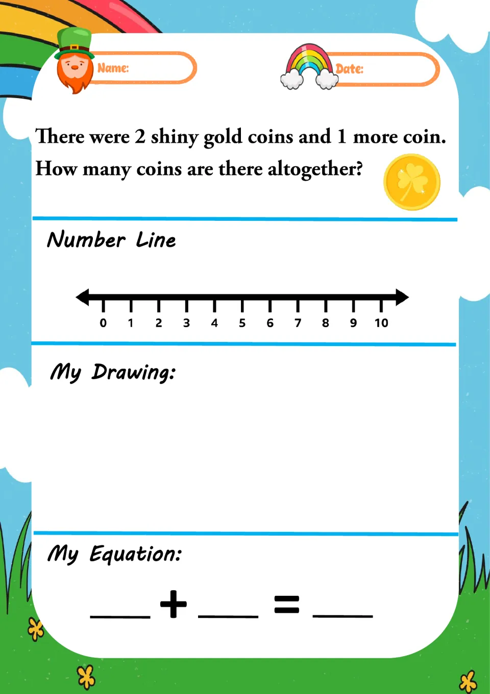 Gold coin problem: 2 shiny coins plus 1 more coin; students find how many altogether with a number line, drawing and sum