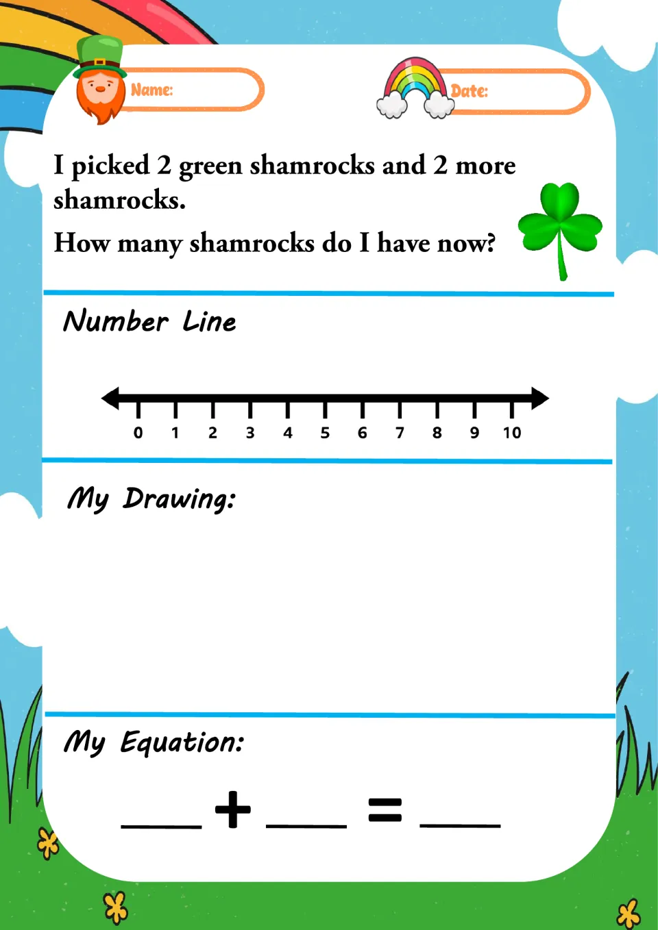 Shamrock picking problem: 2 green shamrocks and 2 more; students hop the number line, draw them and fill in the equation