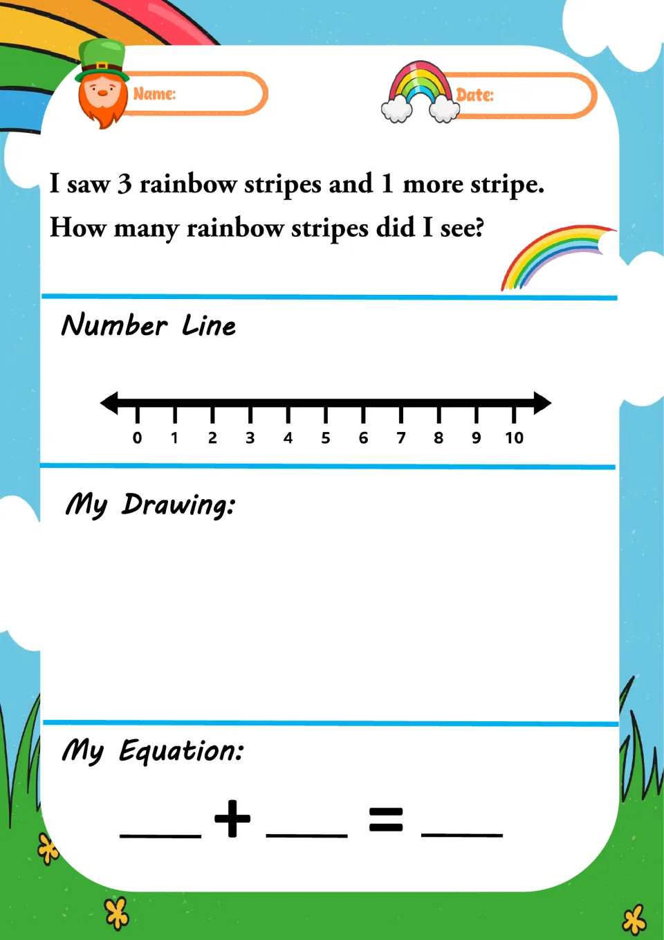 Rainbow stripes problem: 3 stripes and 1 more stripe; students count on a number line, draw stripes and write the sum