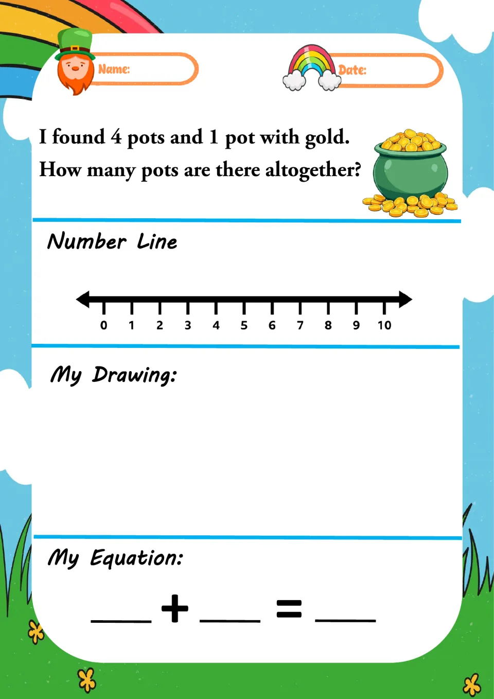 Pot of gold problem: 4 pots and 1 pot with gold; students total the pots using a number line, a picture and a sum