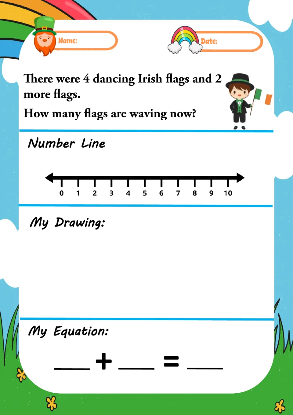 Irish flags problem: 4 dancing flags and 2 more; students find how many are waving with a number line, drawing and equation